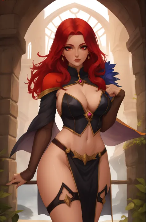 Fantasy Female sorceress, fiery red hair, latina, dark skin