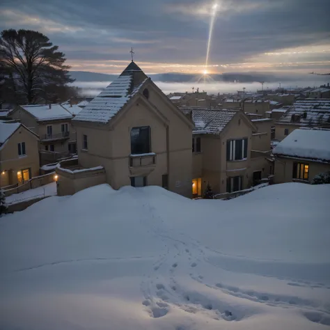 Hyperrealistic christmas landscape photo of a Matera covered with snow in the ethereal mist, where fairytales come alive, people singing christmas carols, christmas tree, street lanterns, few houses with illuminated windows, smokey chimneys, Trapped within...