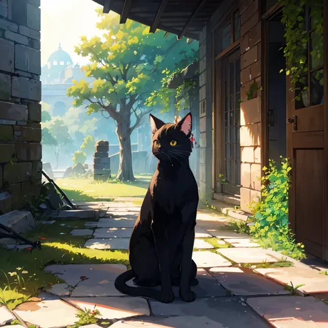 A black cat is in front、animal、Rin々new cat、in the ruins、Warm sunshine、moss-covered ruins、fluffy fur、A cat is looking at us、red earrings、An old key is on the ground、White flower headdress、