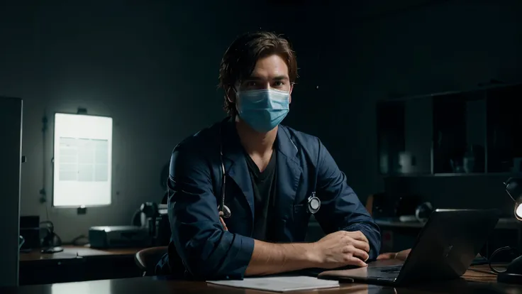 generate ultra realistic male doctor with face mask sitting on the work table in the dark room looking in the camera and talking