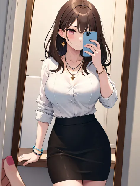 (((masterpiece, highest quality, High resolution, RAW photo))), 1 girl, dark brown blowout, big breasts, white shirt, pencil skirt, earrings, necklace, bracelet, selfie, looking in the mirror, room,