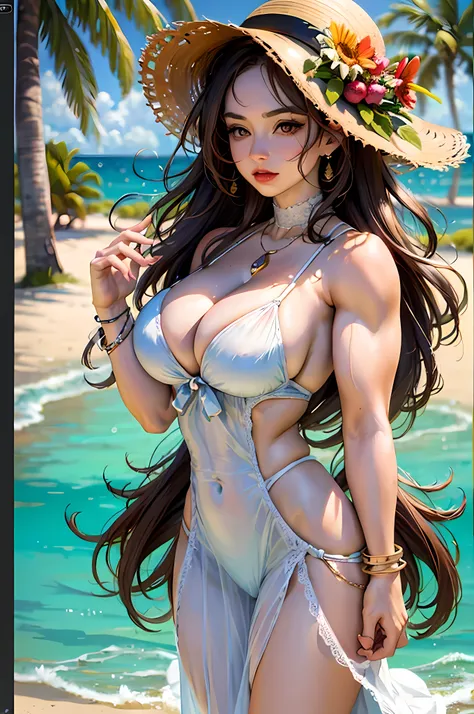 (masterpiece:1.2, best quality), (1lady, solo, upper body:1.2),  huge tits: 1.7, bodybuilder:1.6 , huge muscles, muscular shoulders, abs, huge biceps , Clothing: tiny white flowy maxi dress, very tight clothes, wide-brimmed hat, strappy sandals, Accessorie...