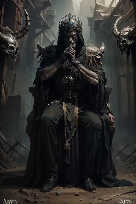 king of the dead sitting on the throne, king of the dead with a crown of bones, web, black robe,  with a black blade in his hand...