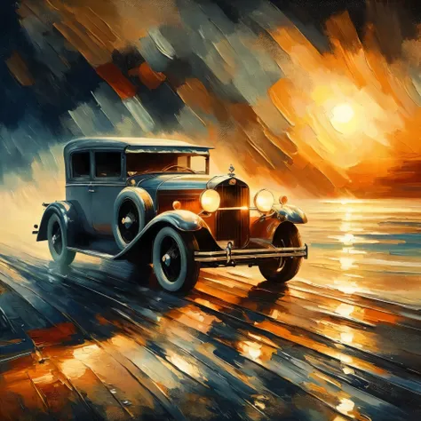 Painting of a vintage car, driving on a road at sunset, atemberaubender Kunststil, Intricate oil painting artwork, Digital art oil painting, stylized oil painting, Oil Paint Style, elegant oil painting, beautiful retro art, Luminescent oil painting, hochwe...