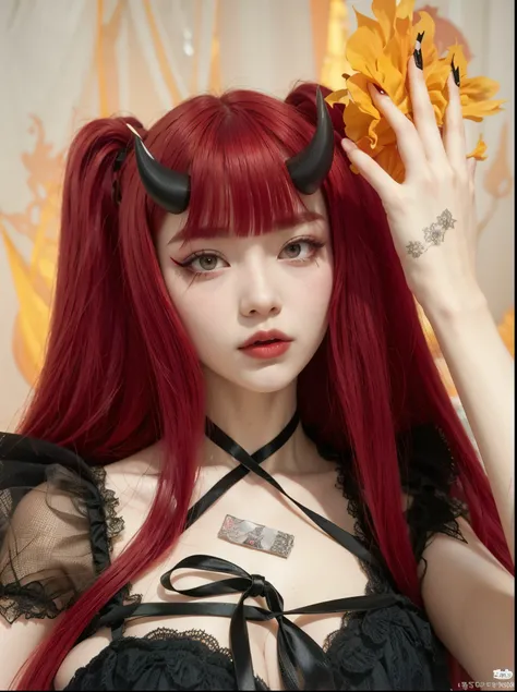 a close up of a woman with red hair and horns on her head, red wig, cruel korean goth girl, 1 7 - year - old anime goth girl, crimson red hair and red eyes, beautiful elegant demon queen, with long red hair, demon anime girl, mika kurai demon, goth girl ae...