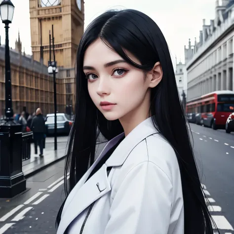 Girl, long soft black hair, violet eyes, sharp features, white skin, dress and jacket, London