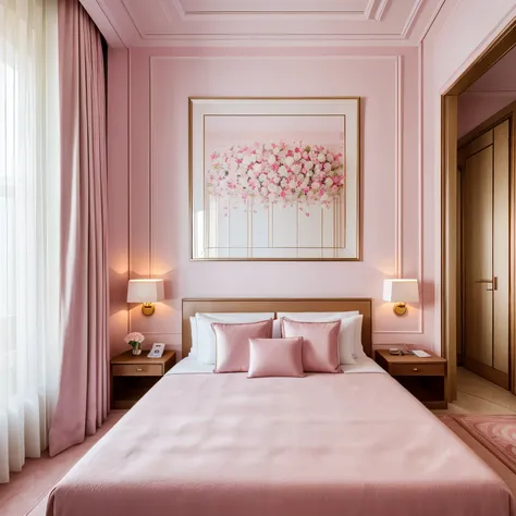 Romantic hotel room, Vakentines Day interior, cozy, luxury, romantic, modern design 2024, 5 star hotel in Monaco, modern art picture in the wall, pink roses boquet, calm, relaxation