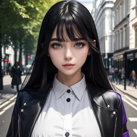 Girl, long soft black hair, violet eyes, sharp features, white skin, dress and jacket, London