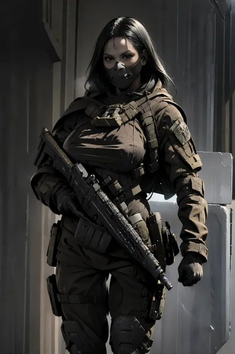 Beautiful woman,black skeleton mask(on mouth and ears),black military suit,full body view,sexy body,beautiful natural breasts,holding a gun,masterpiece,high-quality,best quality,detailed suite,long black hair 