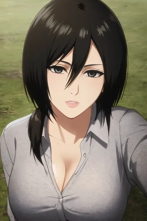 1girl, mikasa ackerman, (black hair:1.3), hair between eyes, short hair, sideburns, gray eyes, lips, cleavage, big breasts, clos...