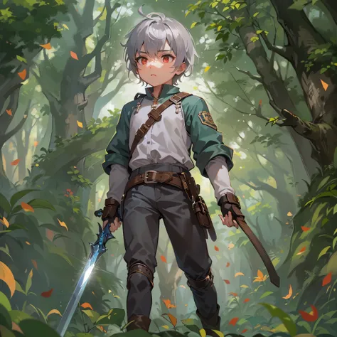 ((deep forest)) (walking), (solo silver short hair divine boy, 7 yo detailed red eyes, serious face), look up, in a travelers clothes, holding Sword in hand, break, perfect anatomy, masterpiece:1.2, best quality, 8k, beautiful detailed grow, daydreaming ex...