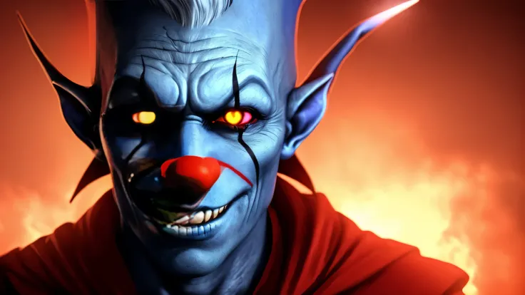 There is a photo of a man wearing a clown hat., blue skin elf, Blueface Unreal Engine, evil smile and glowing eyes, Awesome color art in 4K, Best Jump Scare Scenes, Very scary, glowing eyes and mouth, red eyes shine, his eyes are red and shining, blue shin...