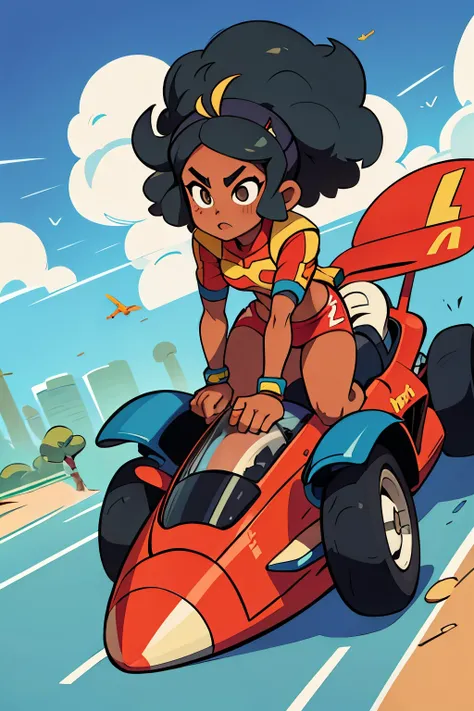 Speed racer, African American, Afro, in the Mach 5