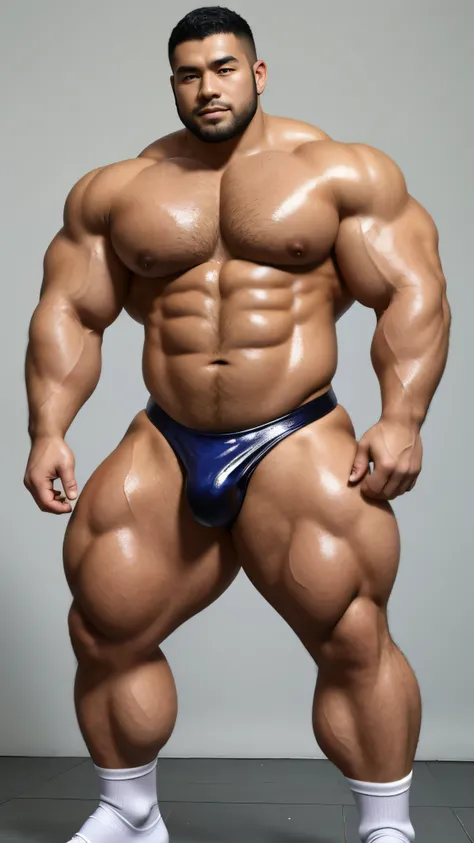 一位中国bodybuilding运动员，30 years old，High, bodybuilding，short hair, O-shaped beard，Perfect body, Dark and shiny complexion，Muscle bulge, muscular, Very big pecs，Very sexy abs，Leg muscles are very developed，Tall and handsome，Huge bumpy area，Brighten oily skin，W...