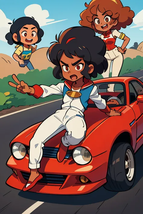 Speed racer, African American, male, big Afro, driving the mach 5, car white and red, M on the hood of car, gold chain, red white and blue jumpsuit, one person.