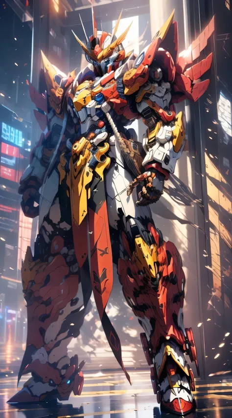 Gundam mecha,masterpiece, male, highly detailed CG unified 8K wallpapers, 8k uhd, dslr, high quality, clean, best illumination, a god in a purple armor, glowing eyes, cinematic, lightning wing, ultra-high resolution, ultra-high detailed, high-definition, s...