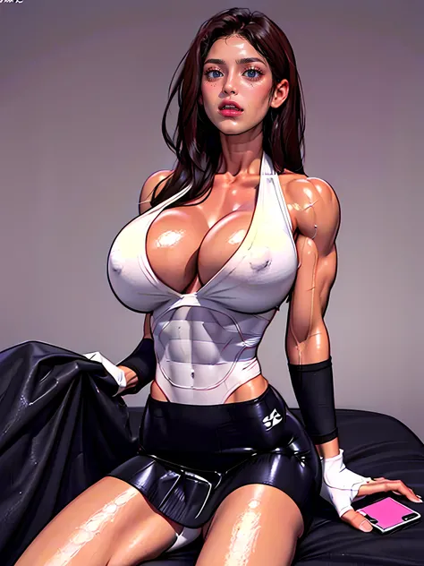 (((((Massive Female Bodybuilder))))), ((Best quality, 8k, Masterpiece :1.3)), pretty woman, 1girl, gigantic breasts :1.8, ((((Muscular Quadriceps)))) , (firm abs, slender figure :1.1), laying down on bed, inviting the viewer, lustful, dark red hair, (pose ...