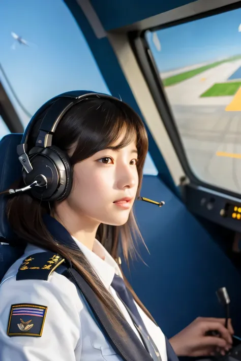 be familiar with, Realistic photo of a young woman in her 20s, K-POPアイドルのスタイルを反映,
wearing a professional pilot&#39;s uniform, in flight simulator, Against the background of complex controls, Conveying the atmosphere of high-tech aviation training.