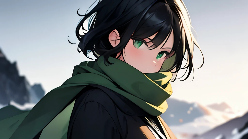 a girl with a black hair, green eyes and black outfit and in a white background, (1girl:0.872), (white hair:0.758), (blurry:0.926), (blurry background:0.703), (green eyes:0.562), (depth of field:0.625), (medium hair:0.855), (outdoors:0.541), (green scarf:0...