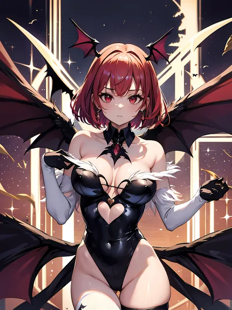 1 woman,  chest, chest 보석, pantyhose, head wing, alone, large chest, red hair, Morrigan Ansland, wing, Animal Print, bat print, Short hair, red eyes, Printed legwear, swept forehead, leotard, bat wing, split, forehead, tiara, bare hands, bare shoulders, bl...