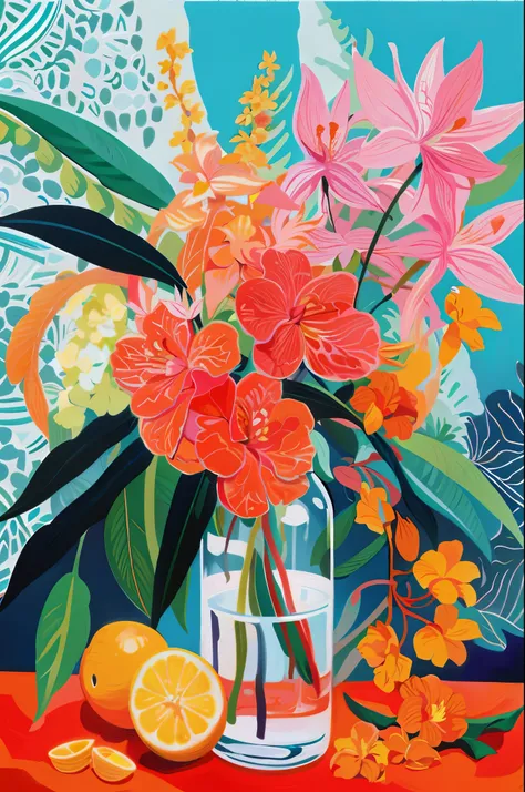 there is a painting of a vase with flowers and oranges, Apenas Bartel, blooming flores tropicais, inspirado em Marianne North, por Hermione Hammond, flores tropicais, inspirado em Naomi Okubo, pinturas detalhadas do guache, guache sobre tela, tropicalismo,...