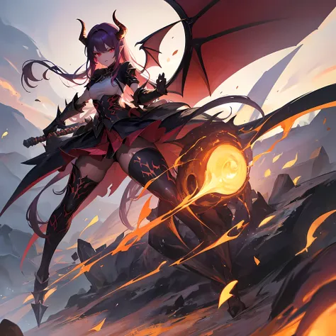 (demon, dragon girl:1.1, chains, scythe weapon),illustration,highly detailed,ultra-detailed, realistic, vibrant colors, dark atmosphere, glowing eyes, sharp teeth, menacing expression, flowing hair, horned headdress, fire breathing, intense shadows and hig...