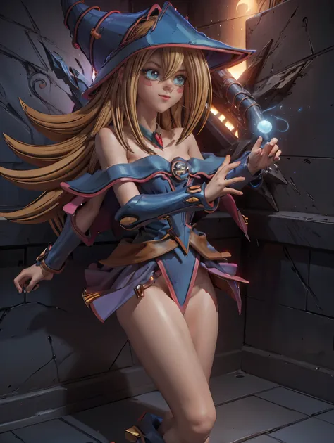 Dark magician gils en el aire, ella esta parada saltando, Magic hearts background. Sonrisa en sus labios. Ojos celestes. Cabello dorado. Pose sensual. Levitando en una pie. Tiene tacones. 1.1 Usa tacones azules y dorados . Usa tacones . Toma cuerpo complet...