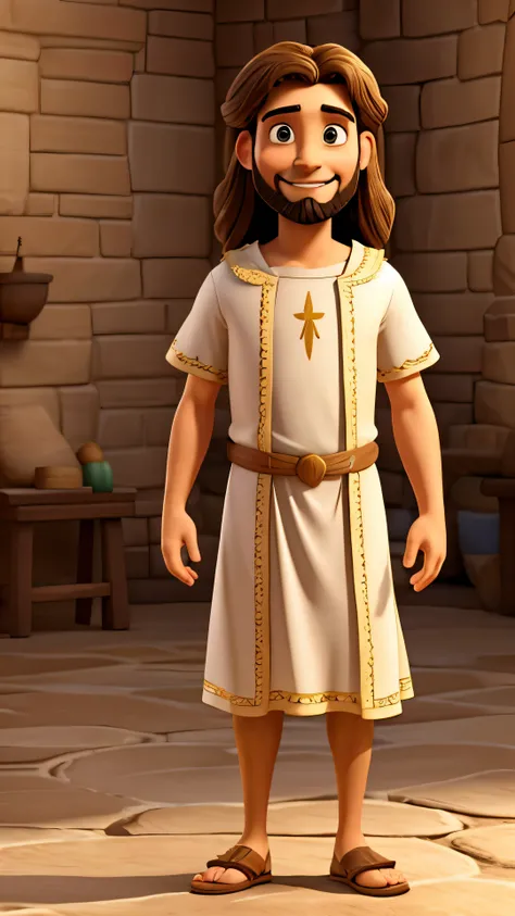 Jesus dressed in long biblical attire, de corpo todo de frente, sorrindo, average height, open arms, fundo branco, Estilo Pixar, ..3d, desenhos animados, rosto detalhado, asymmetric 