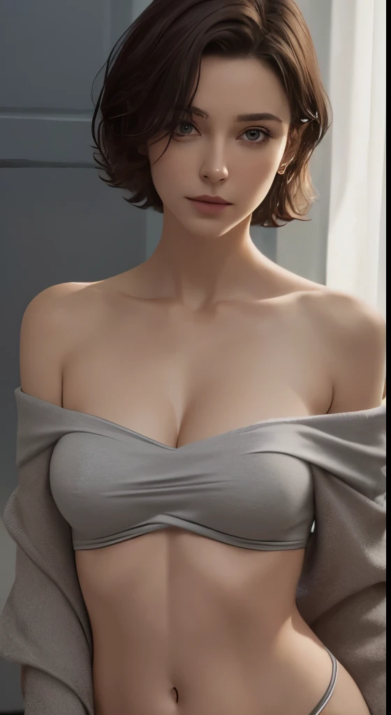 skin tight top:1.4、look at the audience、cinematic lighting、perfection、soft light、high resolution skin:1.2、realistic skin texture、30 year old mature woman、small face、no makeup、off shoulder、bust B cup、small breasts、detailed beautiful eyes、short hair、dark bro...