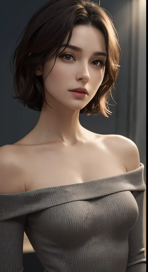 skin tight top:1.4、look at the audience、cinematic lighting、perfection、soft light、high resolution skin:1.2、realistic skin texture、30 year old mature woman、small face、no makeup、off shoulder、bust B cup、small breasts、detailed beautiful eyes、short hair、dark bro...