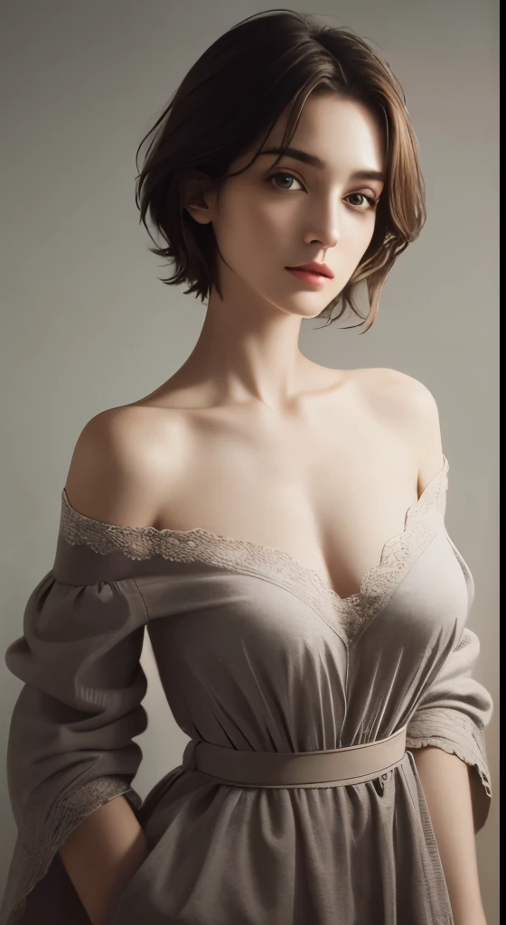 cinematic lighting、perfection、soft light、high resolution skin:1.2、realistic skin texture、30 year old mature woman、small face、no makeup、off shoulder、bust B cup、small breasts、detailed beautiful eyes、short hair、dark brown hair、full nude、gray background、