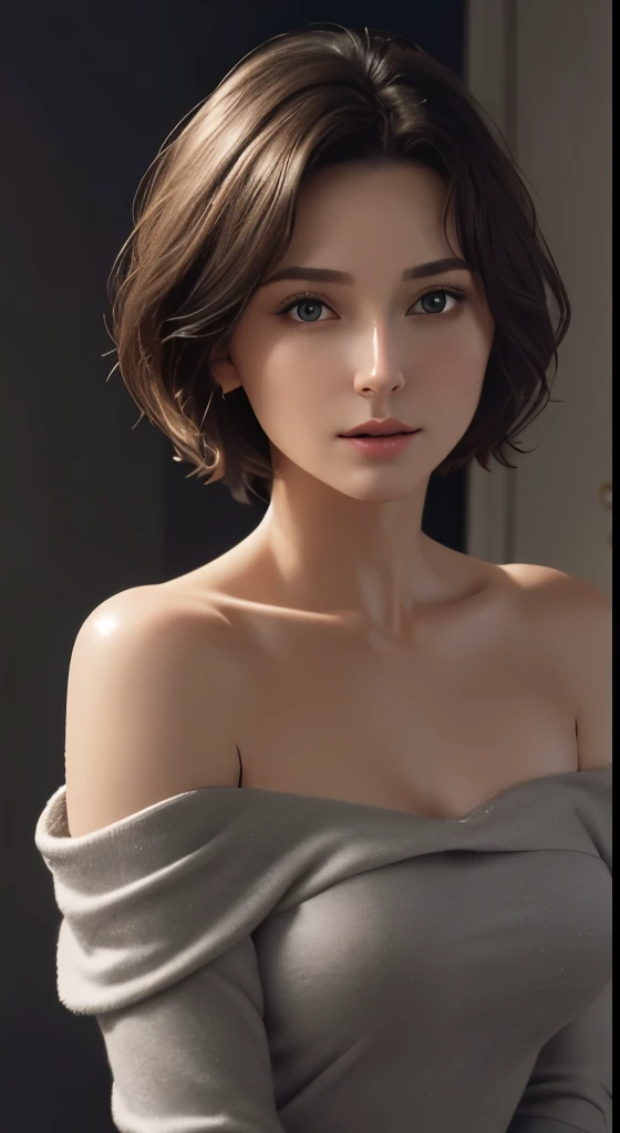 Skin Tight Top:1.4、look at viewer、cinematic lighting、perfect、soft light、High resolution skin:1.2、realistic skin texture、30 year old mature woman、small face、no makeup、off shoulder、Bust B Cup、 small breasts、Detailed beautiful eyes、short hair、dark brown hair、...