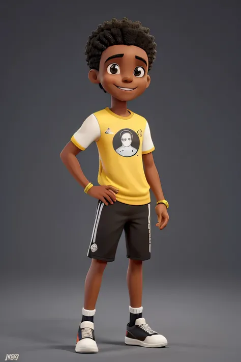 CRIE UM PERSONAGEM MARATONISTA CORREDOR, JOVEM NEGRO SORRIDENTE, DE CAMISETA AMARELA COM DETALHES EM PRETO, SHORT PRETO E MEIAS PRETAS