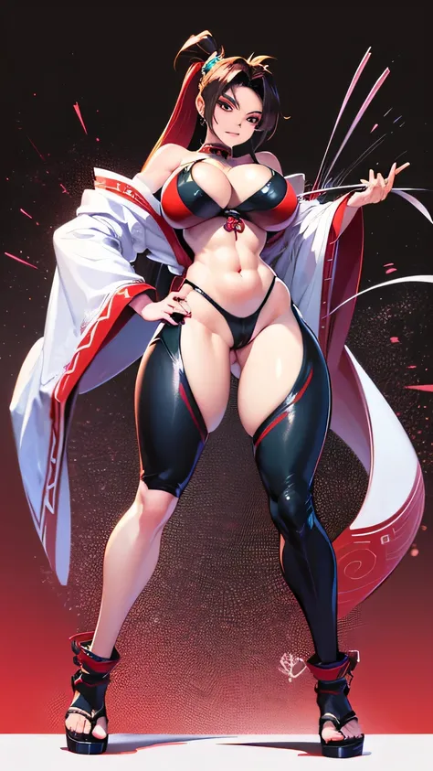 a sexy，cartoon，Mai Shiranui，holding fan in hand，full body portrait，charming，Solid background，Have feet,8k,nice pose，big breasts。