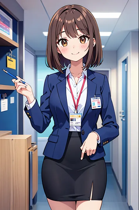 /(indoor modern office/), Limited to 1 female, /(medium brown hair/) bangs, /(Suit jacket pencil skirt/) /(ID card/), A gentle smile with a blush,