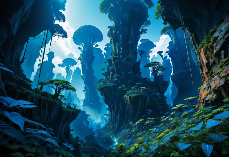 《avatar》Pandora,vast forest,cliff,Peculiar plants,bright colors,Blue filter,super wide angle,atmospheric perspective, panoramic, movie lighting