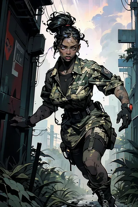 ((Best Quality)), ((Masterpiece)), (High Detail:1.3), gun in hand,beautiful (cyberpunk:1.2) rebel special forces, ((dark-skinned flat-chested Caribbean woman with thick violet dreadlocks hairstyle running through muddy dense cannabis indica forest)) in (in...