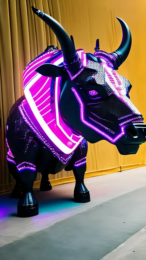 a close up of a bull head with headphones on, dj set, dj, ( ( ( synthwave ) ) ), 1024x1024, (synthwave), profile picture 1024px, uploaded, fey, sf, buffalo, fully body photo, discord pfp, ((synthwave)), synthwave style, avatar for website