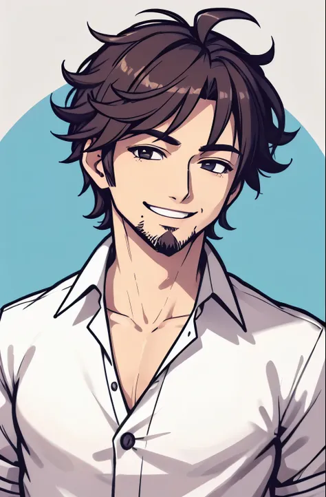 1man, mature:1.4, handsome, smiling, short quaffed hair, facial hair, ahoge, half buttoned shirt