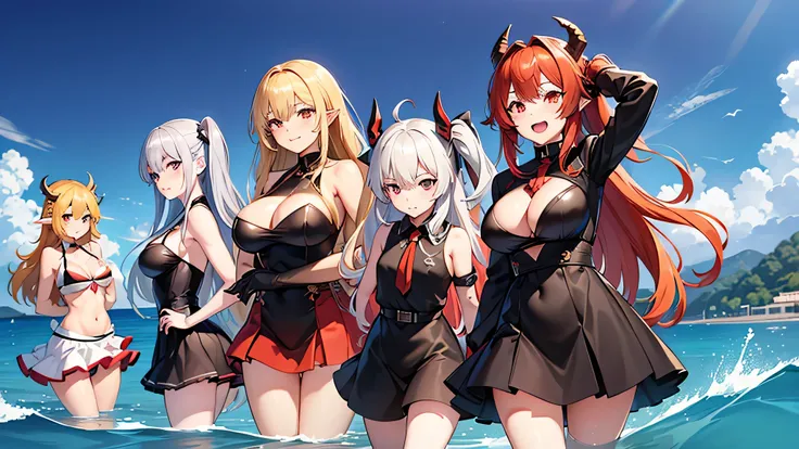 Five anime girls are: An anime girl with demon horns and dragon wings, sporting blonde hair. Another girl, adorned with devil horns and pointed ears, her hair a fiery red. A dark-skinned anime girl with pointed ears and black hair, exuding an air of myster...