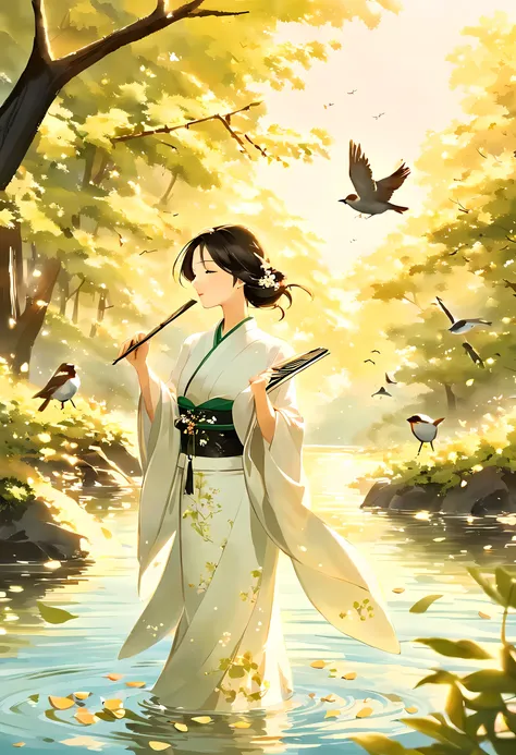 top quality, ink painting style, Fresh and elegant, clear lake water，under the sunset，Sakura petals fall quietly, Girl in pure white kimono, Holding a folding fan，A breeze ruffled my hair, In the woods dotted with green leaves, Birds chirped happily, poeti...