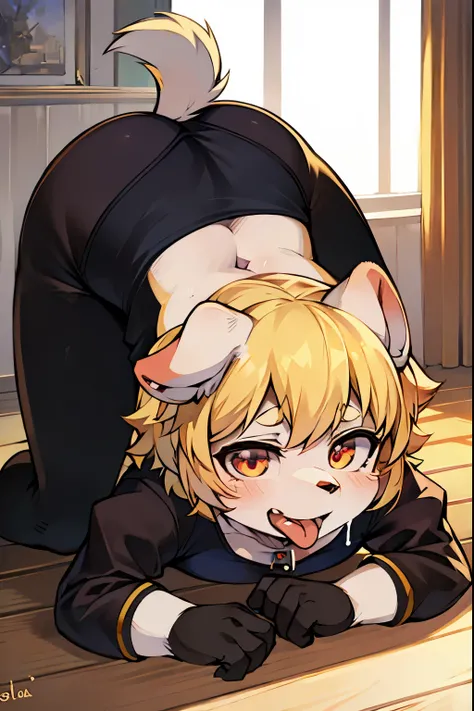 calidad superior, Obra maestra, Ultra high resolution, Anime illustration of an anime Furry Dog girl with short blonde hair., ojos negros, orejas y cola de perro, and she is in doggy pose and sticking out her tongue while doing ahegao.. Ella solo usa ropa ...