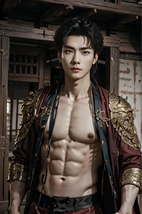 masterpiece, best quality, gufeng boy, chest abs 