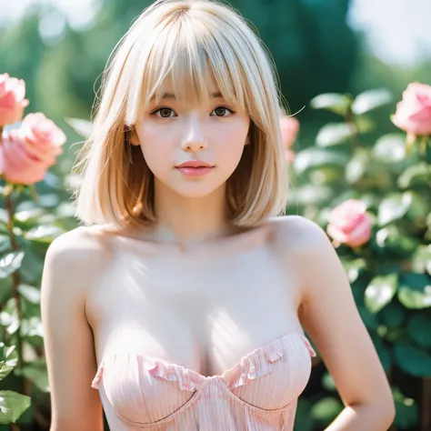 8k, RAW photo, fujifilm, Analog style photo of beautiful young woman like Avril (huge breasts) In the pale pink rose garden (highly detailed skin:1.2) Style - Petal BREAK short hair, blonde hair with color streaks, dull bangs, wearing a dress, film grain, ...