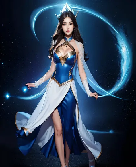 A woman in a blue and white costume stands in front of a blue ring., beautiful celestial wizard, irelia, beautiful wizard, irelia from league of legends, Storm Wizard Maya Ali, a beautiful wizard, Maya Ali in commercials&d Wizard, Maya Ali transformed into...