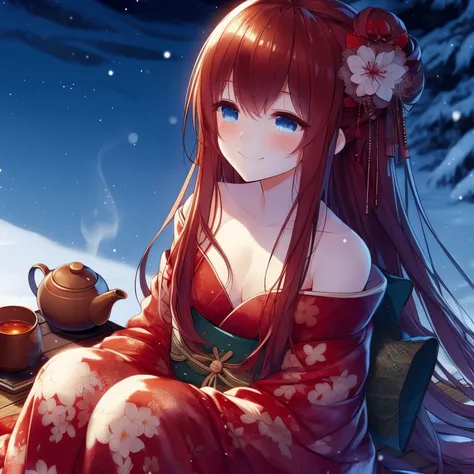 Anime girl wearing red kimono sitting on a bench drinking tea, Cute anime waifu wearing beautiful clothes, anime style 4k, beautiful anime girl, anime long hair girl, Beautiful anime woman, cute anime girl, anime wallpaper 4k, anime wallpaper 4k, anime gir...