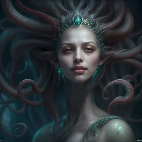 (1 beautiful and obscene female alien:1.4), (There is a female genital-like organ in the middle of her forehead:1.95), She has medusa-like hair, (there are lots of translucent tentacles from her head like her hair:1.5), (vulgarity1.7), (she is looking down...