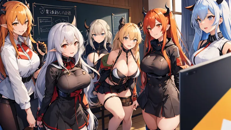 (5girl), (((five girl))), , Five anime girls are: An anime girl with demon horns and dragon wings, sporting blonde hair. Another girl, adorned with devil horns and pointed ears, her hair a fiery red. A dark-skinned anime girl with pointed ears and black ha...