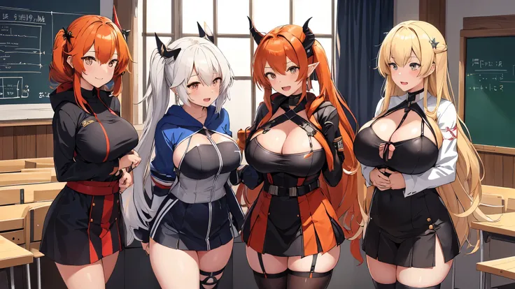 (5girl), (((five girl))), , Five anime girls are: An anime girl with demon horns and dragon wings, sporting blonde hair. Another girl, adorned with devil horns and pointed ears, her hair a fiery red. A dark-skinned anime girl with pointed ears and black ha...