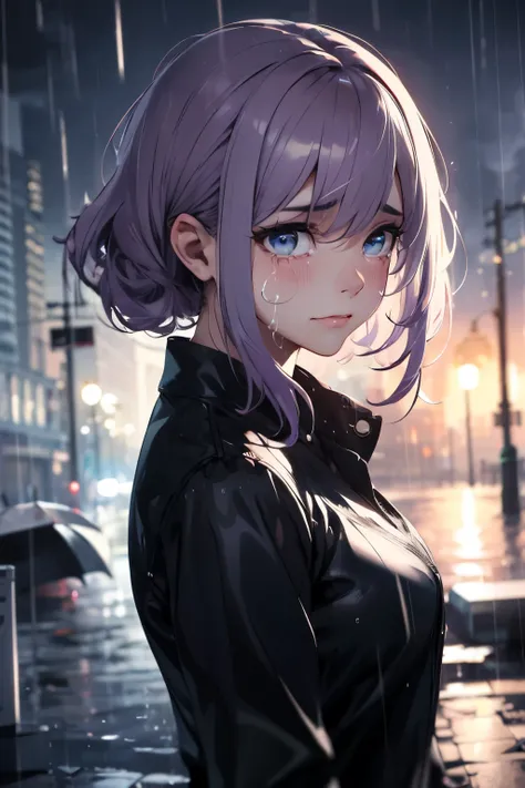 A beautiful woman crying, very sad, with violet hair, beautiful eyes, suffering rainy scenery, a lot of rain